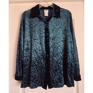 VTG Koret Petites Teal Burnout Crush Velvet Scroll Long Sleeve Button Shirt Sz S